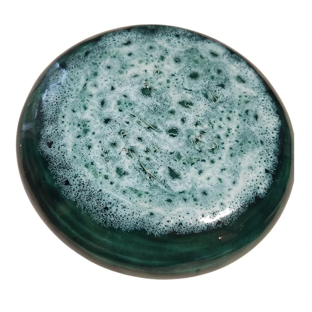Vintage Green Ceramic Fern Leaf Flower Frog Ikebana Vase Round Low Profile 5in‎